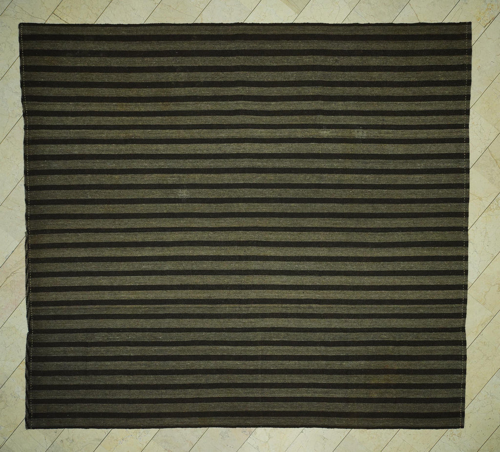 Oversize Natural Goat Hair Kilim Rug: 10.6X11.6 Feet,Dark Brown & Gray Stripe Turkish Rugs.