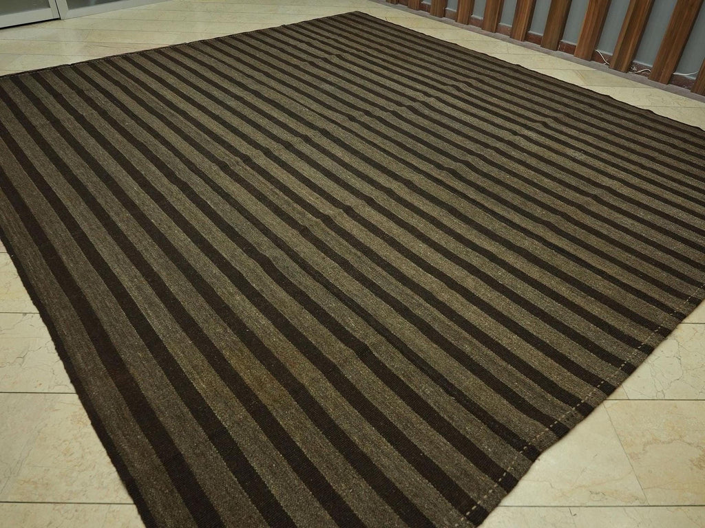Oversize Natural Goat Hair Kilim Rug: 10.6X11.6 Feet,Dark Brown & Gray Stripe Turkish Rugs.