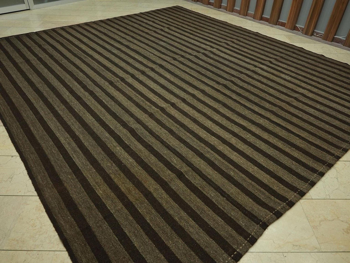 Oversize Natural Goat Hair Kilim Rug: 10.6X11.6 Feet,Dark Brown & Gray Stripe Turkish Rugs.