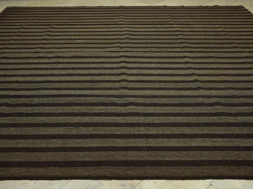 Oversize Natural Goat Hair Kilim Rug: 10.6X11.6 Feet,Dark Brown & Gray Stripe Turkish Rugs.
