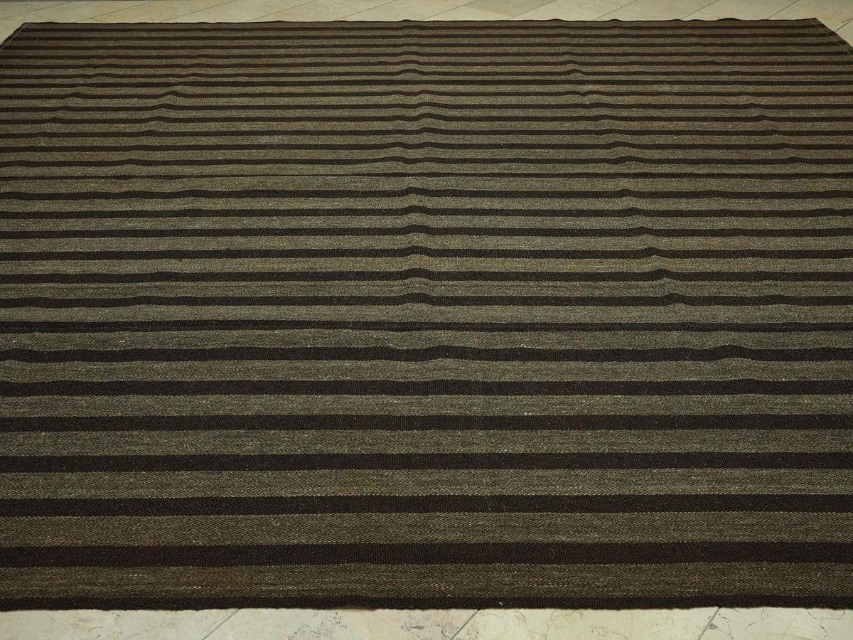 Oversize Natural Goat Hair Kilim Rug: 10.6X11.6 Feet,Dark Brown & Gray Stripe Turkish Rugs.