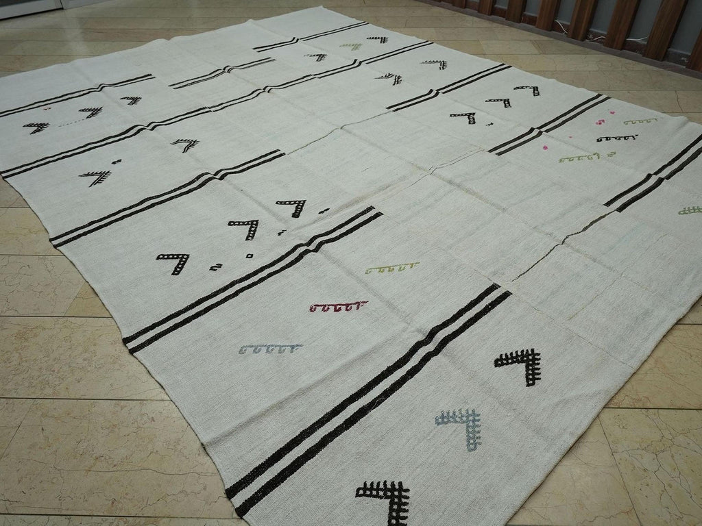 9x12 Oversize Hemp Kilim Rug: Minimalist Stripe, Handmade Turkish Rugs.