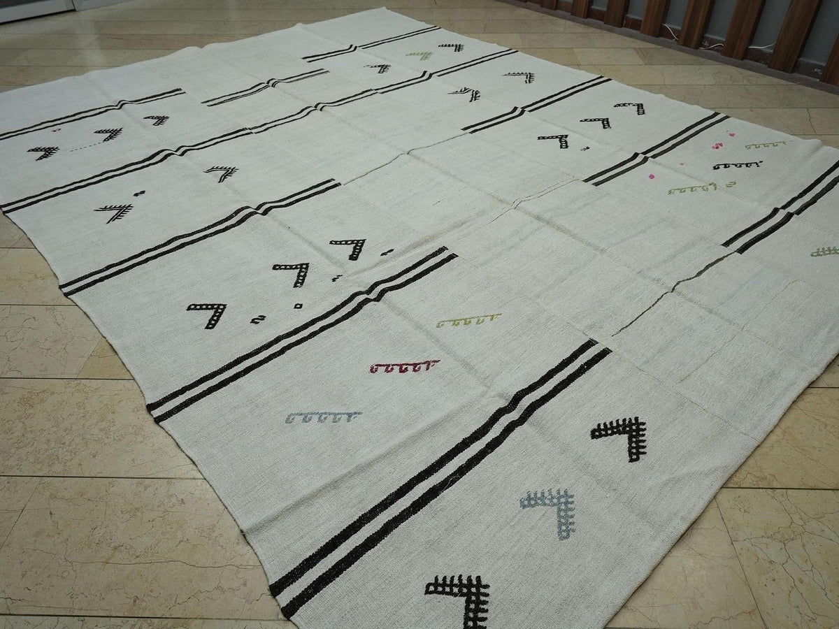 9x12 Oversize Hemp Kilim Rug: Minimalist Stripe, Handmade Turkish Rugs.