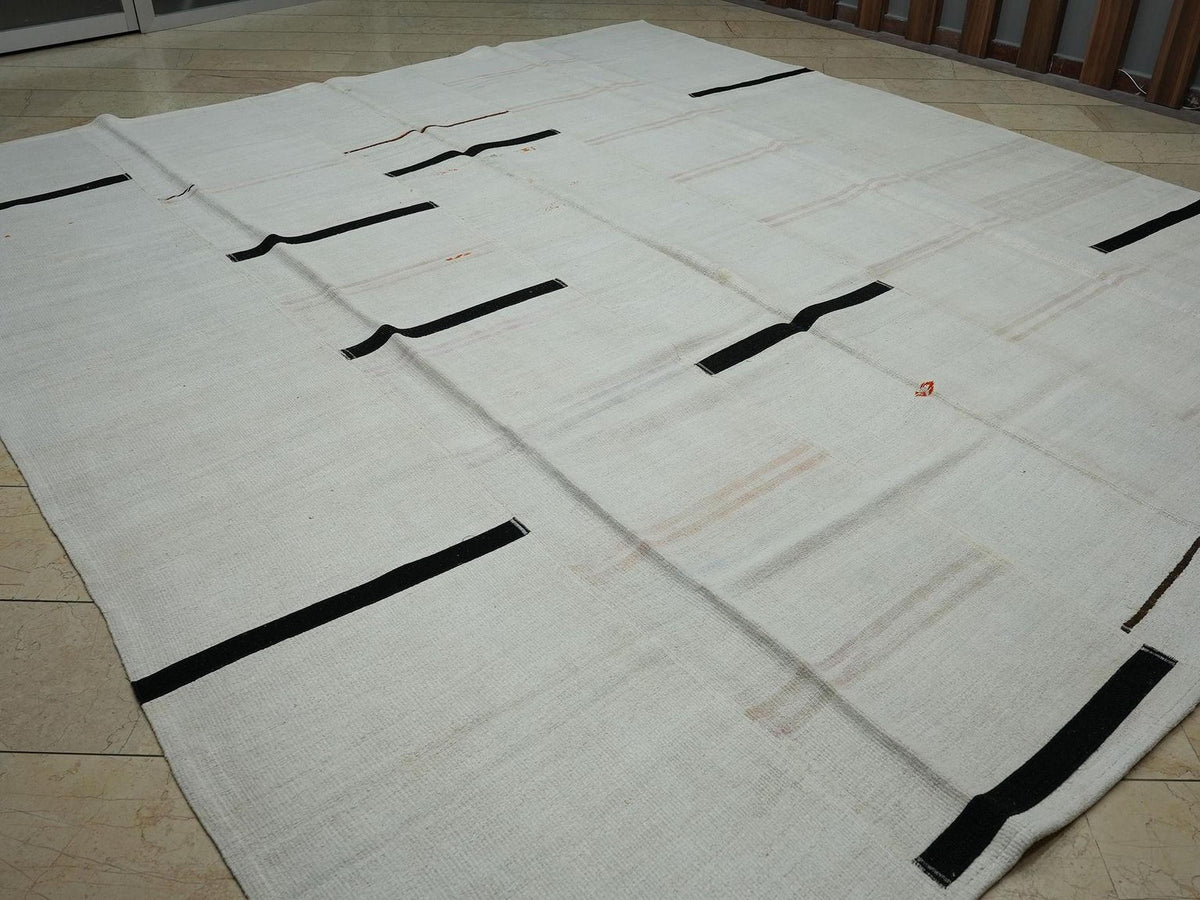 Oversized Striped Hemp Kilim Rug: Mid-Century Modern Rugs,10.6 x 12 ft.