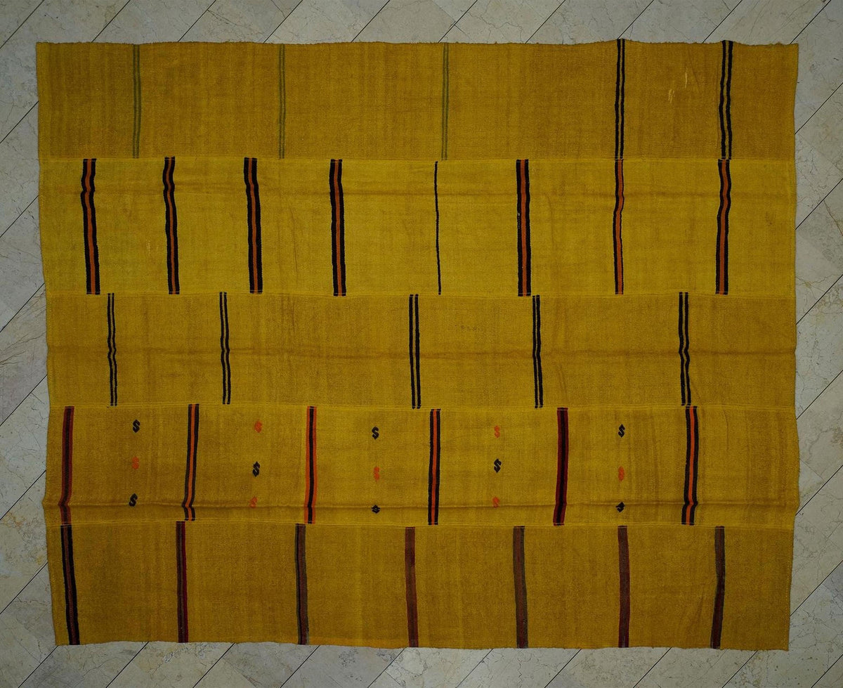 Large Saffron Hemp Kilim Rug: Turkish Flat Weave Area Rugs,9.5"x11.6" Feet.