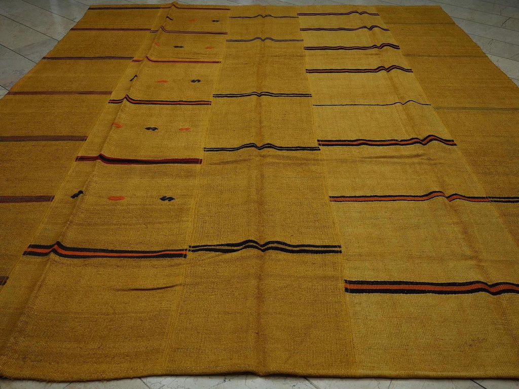 Large Saffron Hemp Kilim Rug: Turkish Flat Weave Area Rugs,9.5"x11.6" Feet.
