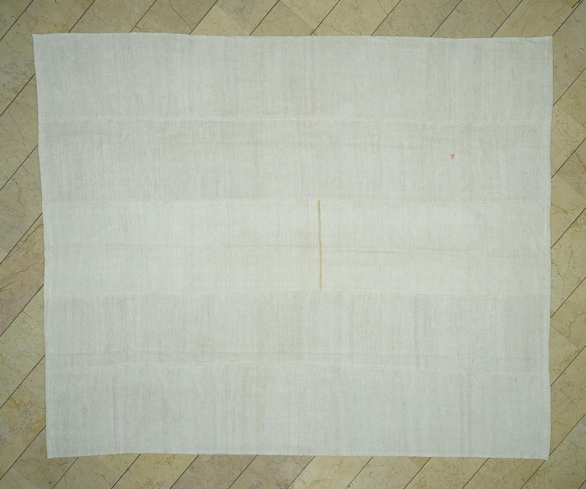 9x11 Flat Weave Hemp Rug: Solid Off White, Minimalist Decor Turkish Oversize Rugs.