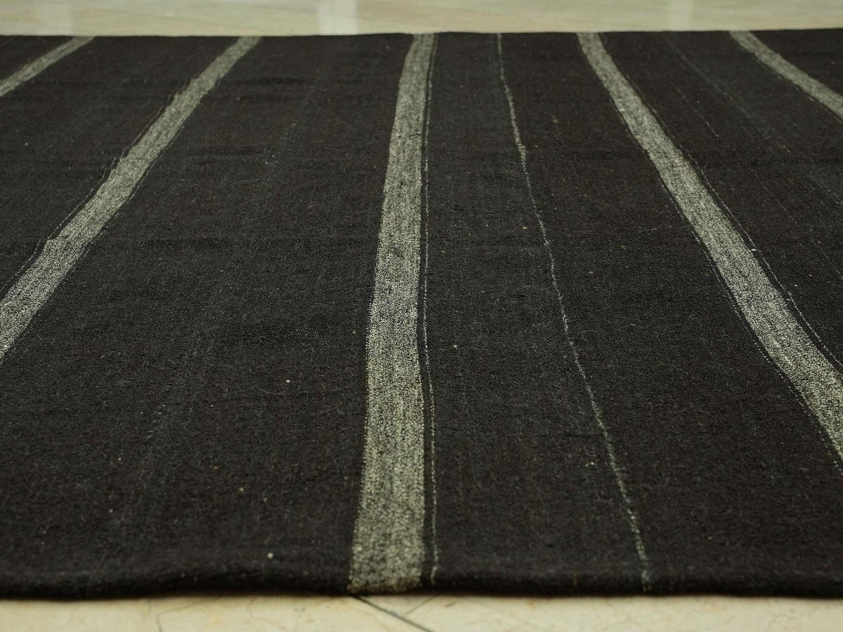 Oversize Striped Turkish Kilim Rug: 8.4x9.1 Feet,Dark Brown And Gray Goat Hair Rugs.