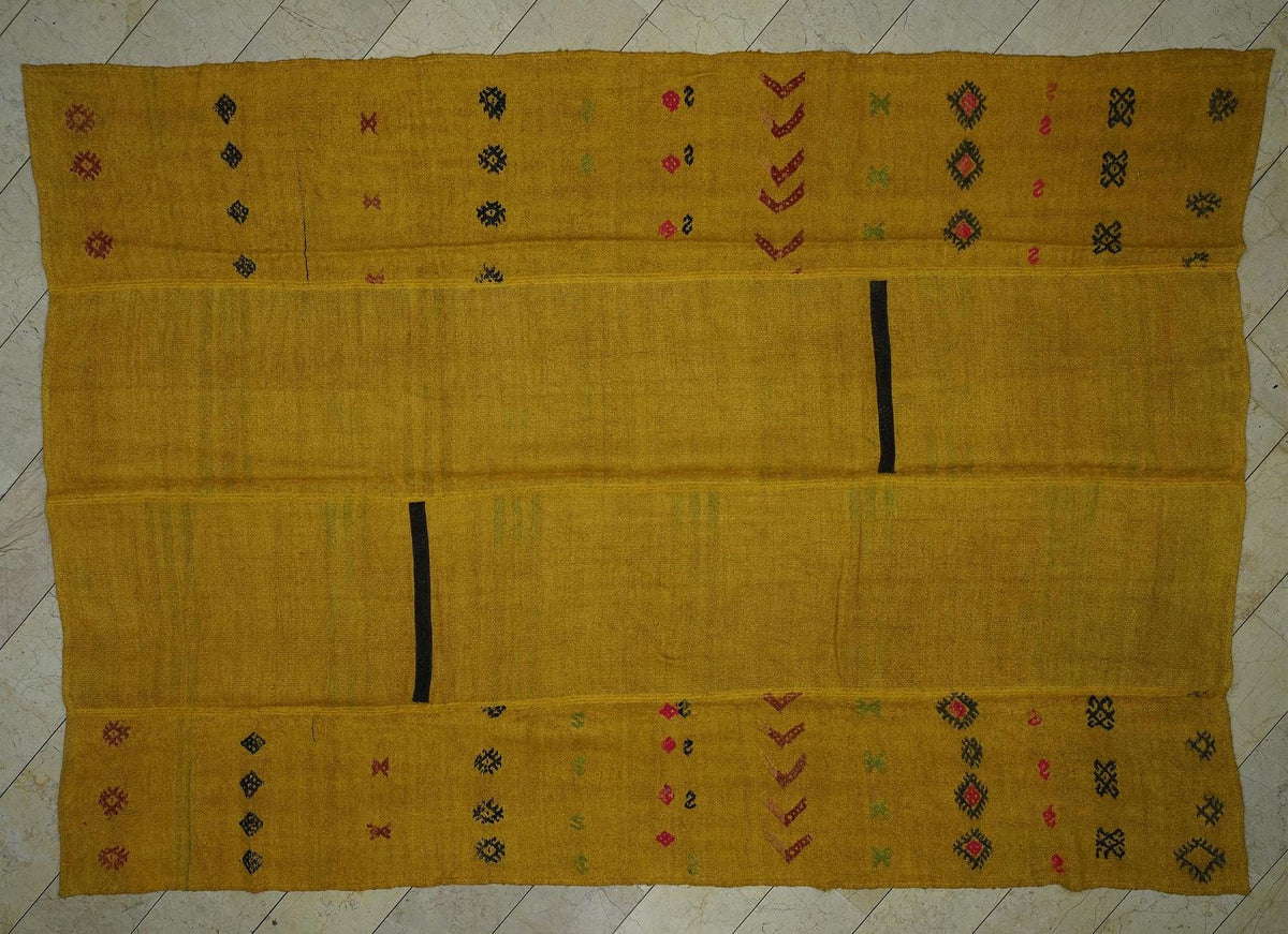 Oversized Mustard Hemp Rug: Mid-Century Modern Saffron Kilim 9"x12,8" Feet