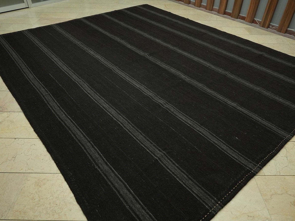 Oversize Dark Brown And Gray Goat Hair Rug: 9.8x11.7 Feet, Turkish Nomadic Tent Rugs.