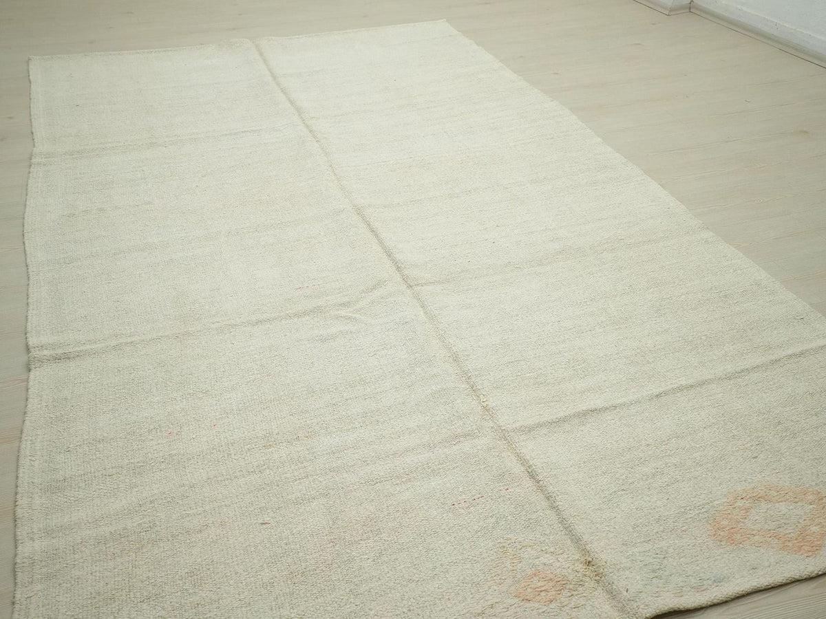 Vintage Hemp Kilim Rug: Scandinavian Style, Cream White Rugs 5.10"x10.4" Ft.