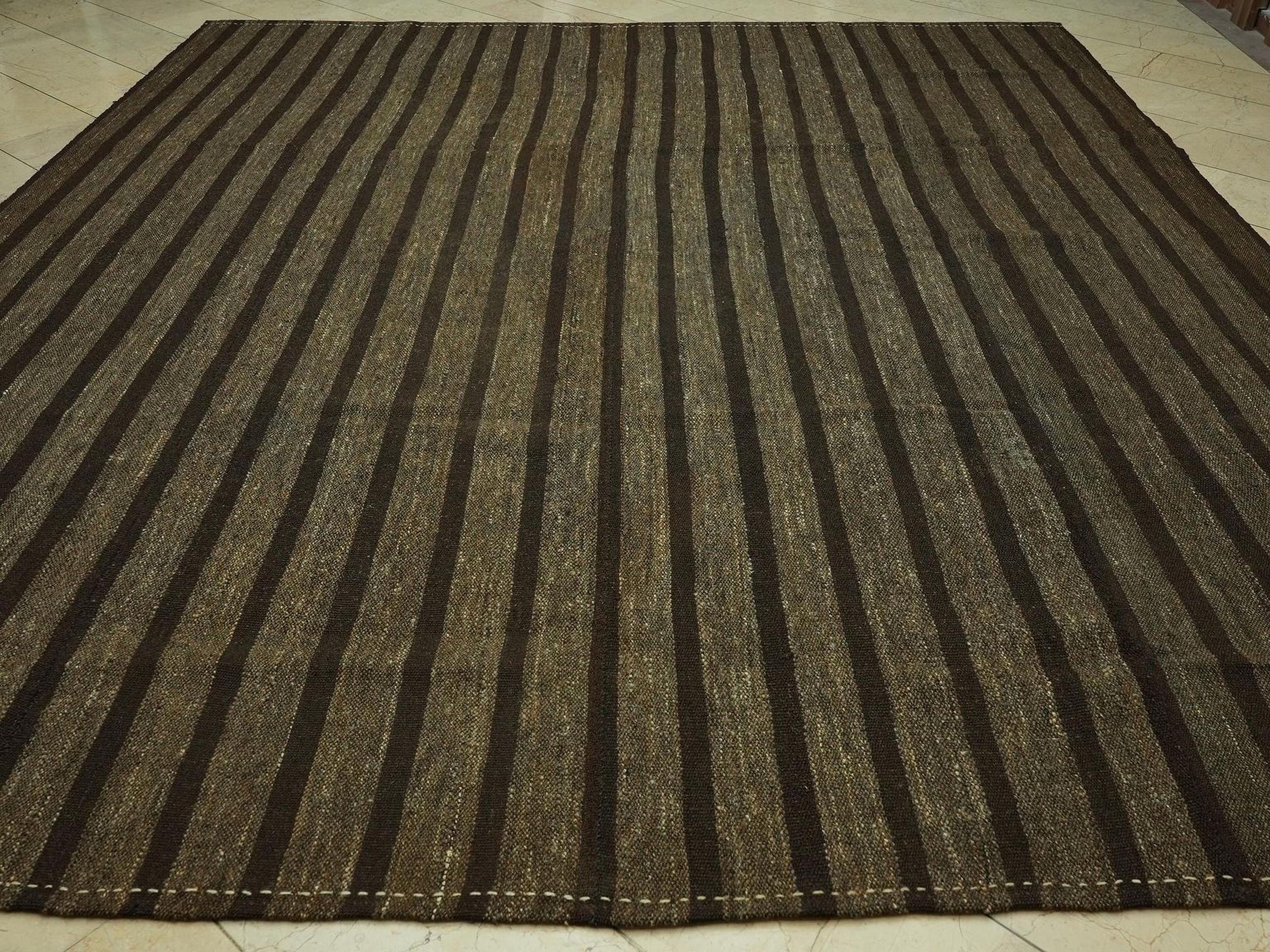 Oversize Striped Pattern Natural Goat Hair Kilim Rug: 10.3x11.9 Feet,Brown & Gray Turkish Rugs.
