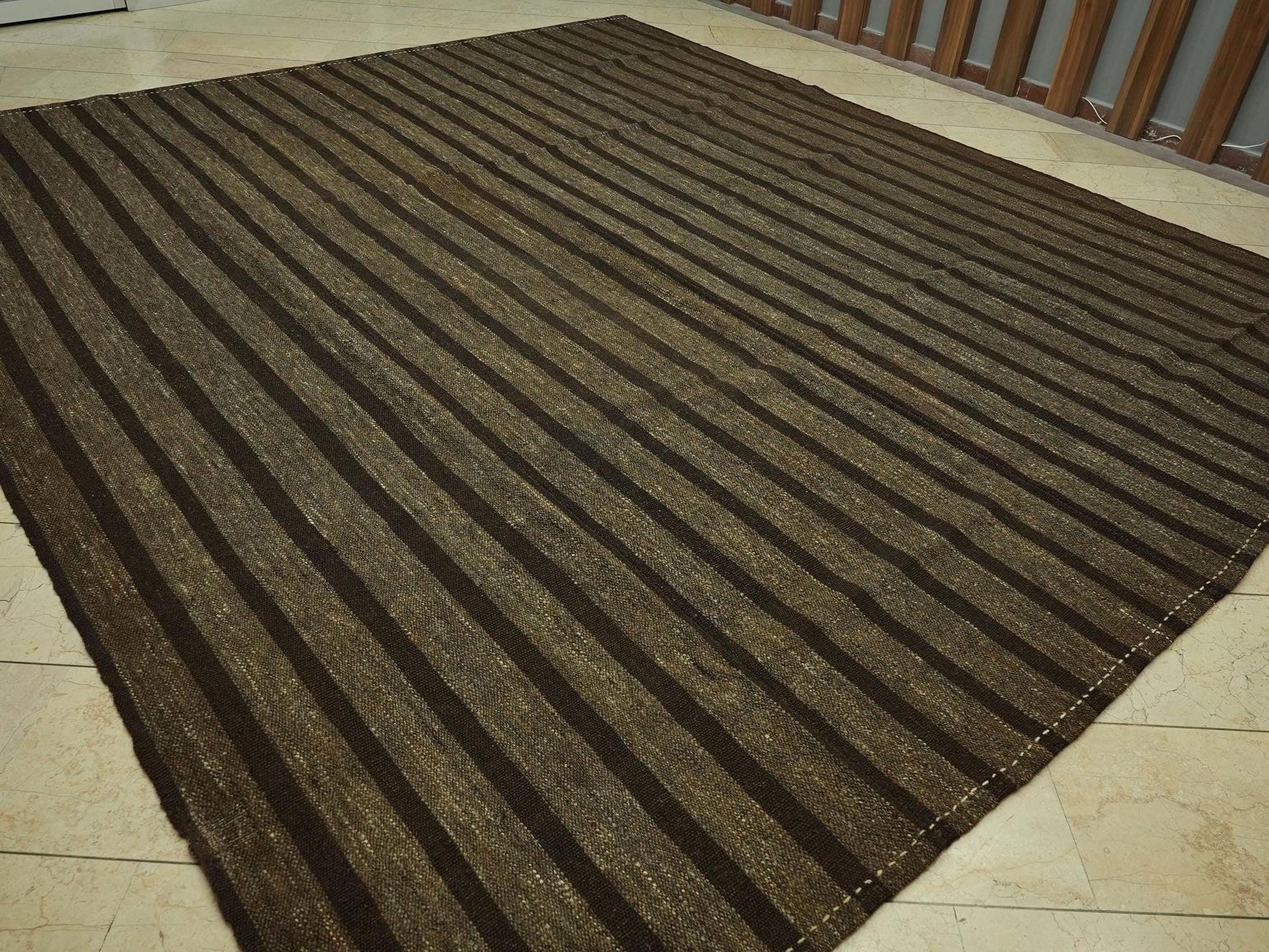 Oversize Striped Pattern Natural Goat Hair Kilim Rug: 10.3x11.9 Feet,Brown & Gray Turkish Rugs.