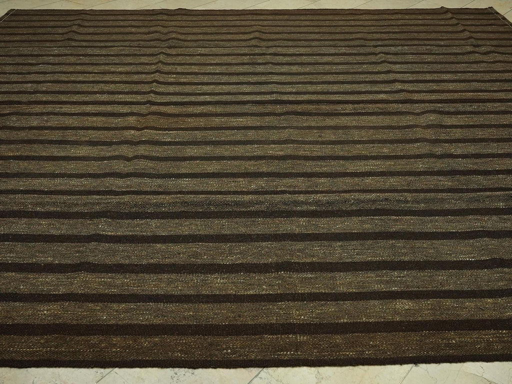 Oversize Striped Pattern Natural Goat Hair Kilim Rug: 10.3x11.9 Feet,Brown & Gray Turkish Rugs.