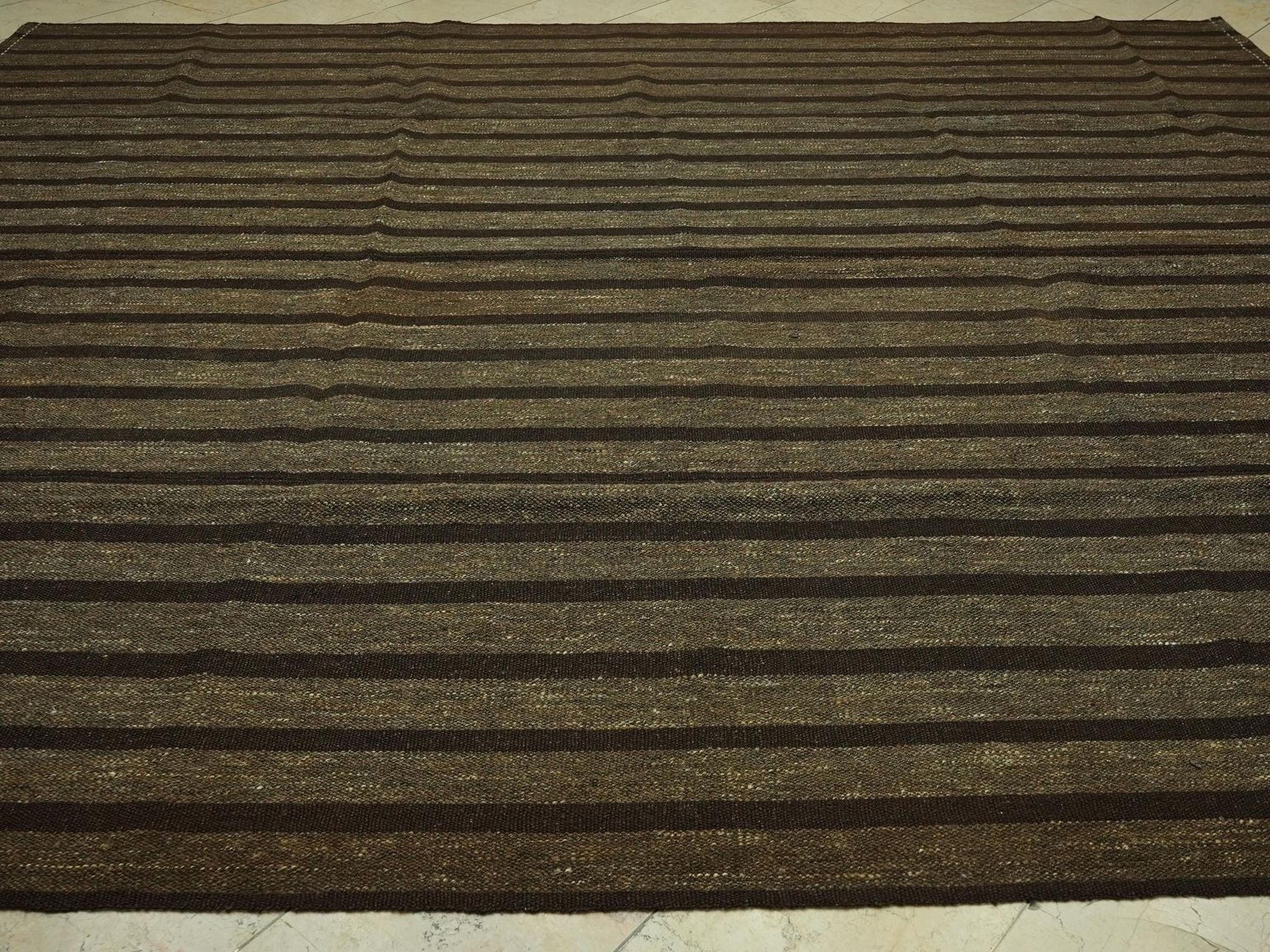 Oversize Striped Pattern Natural Goat Hair Kilim Rug: 10.3x11.9 Feet,Brown & Gray Turkish Rugs.