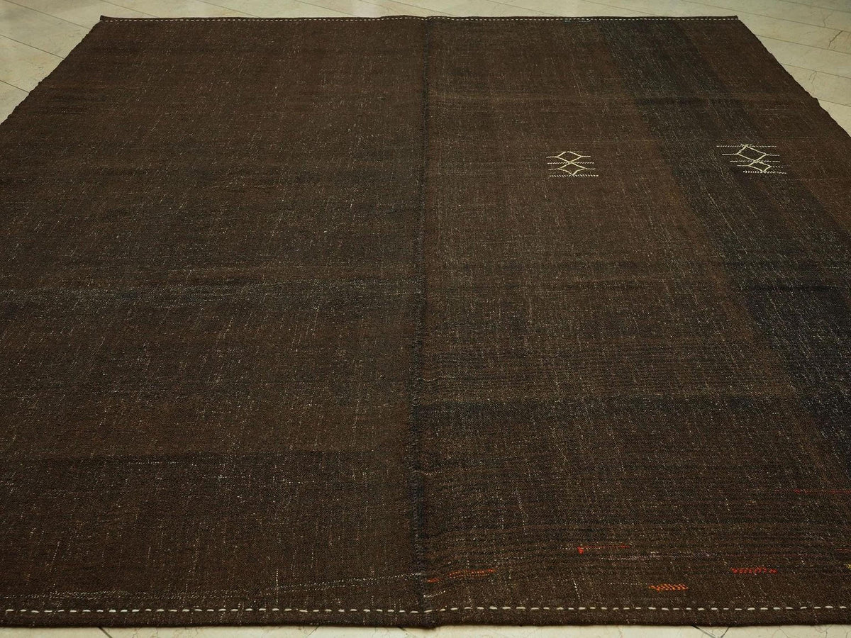 Plain Natural Brown Goat Hair Turkish Kilim Rug: 9.6x11 Feet,Oversize Flat Woven Rugs.