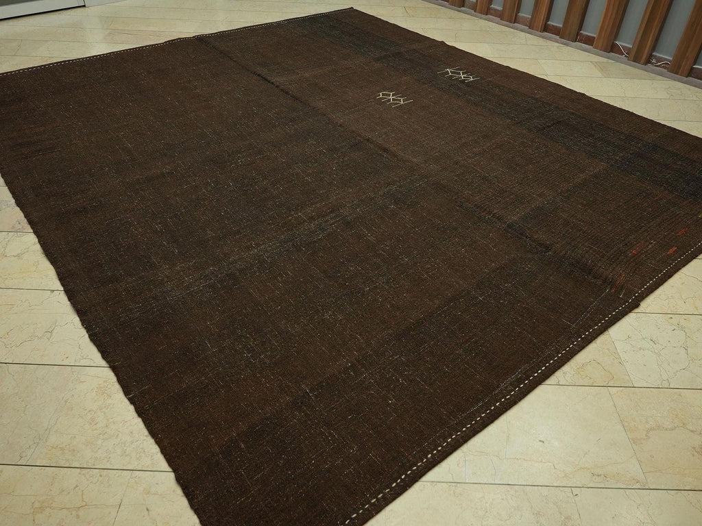 Plain Natural Brown Goat Hair Turkish Kilim Rug: 9.6x11 Feet,Oversize Flat Woven Rugs.