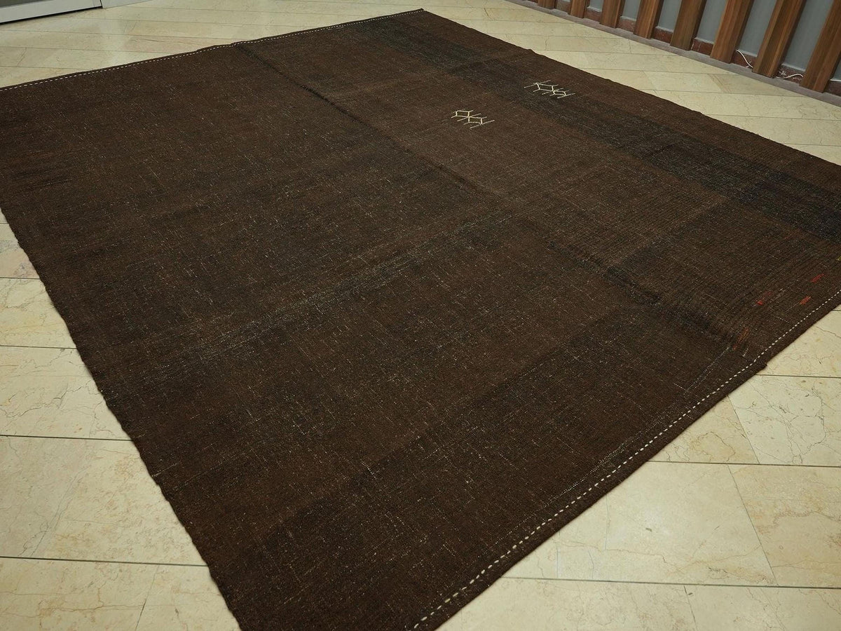 Plain Natural Brown Goat Hair Turkish Kilim Rug: 9.6x11 Feet,Oversize Flat Woven Rugs.