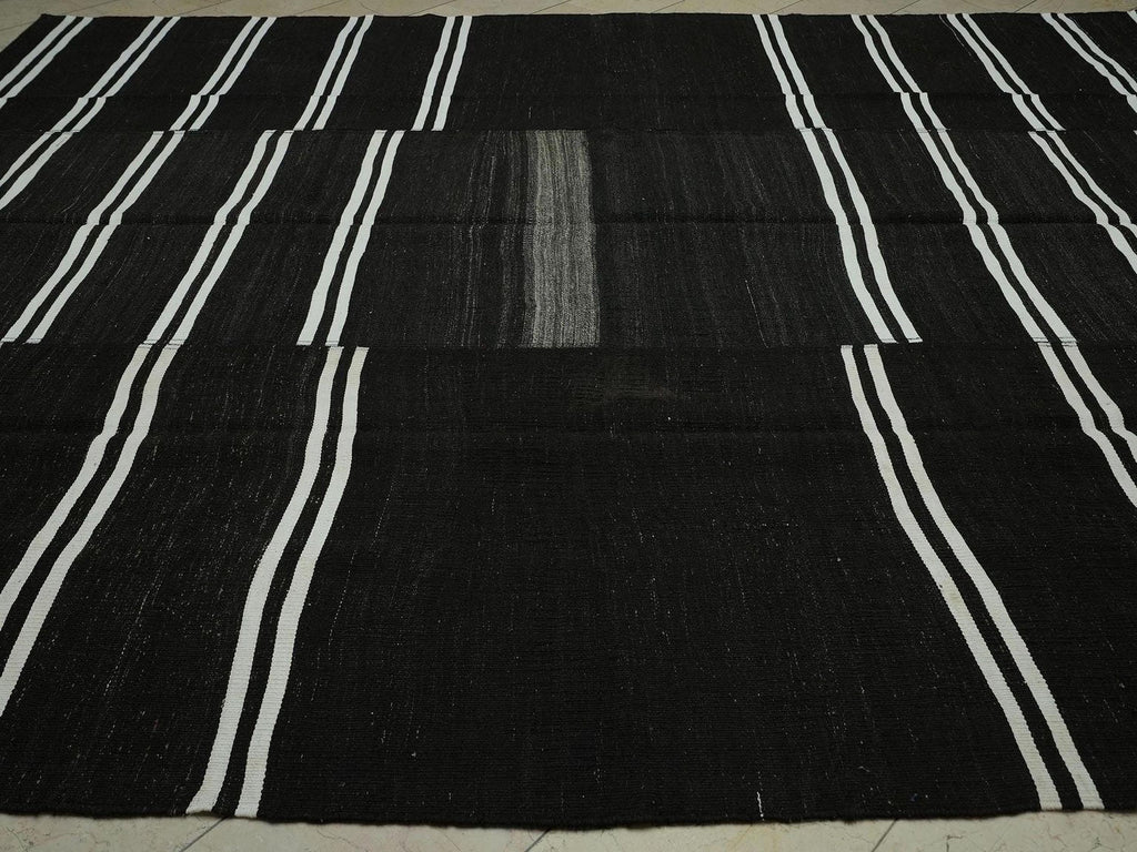 Large Dark Brown Goat Hair Kilim Rug: 10x12.4 ft Vintage Turkish Flat Woven Rugs