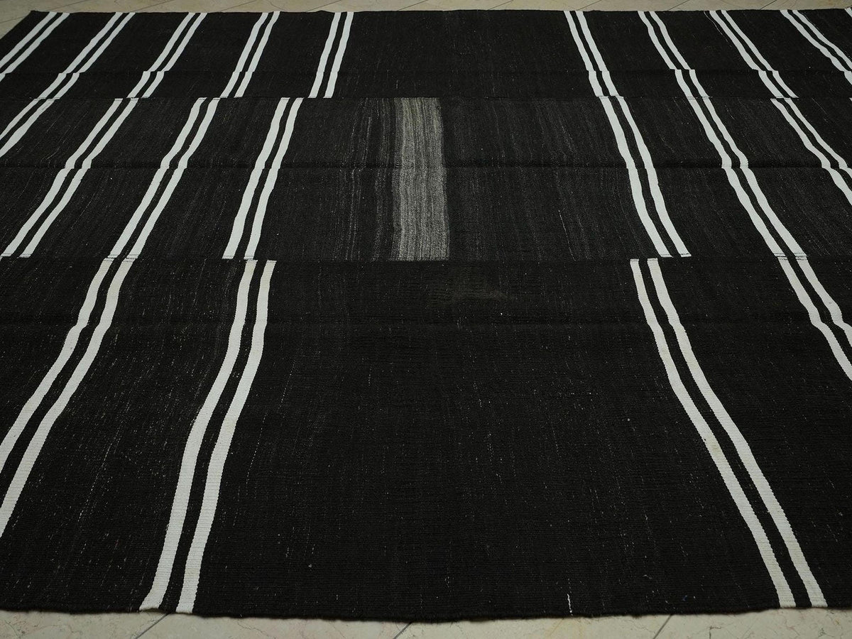 Large Dark Brown Goat Hair Kilim Rug: 10x12.4 ft Vintage Turkish Flat Woven Rugs