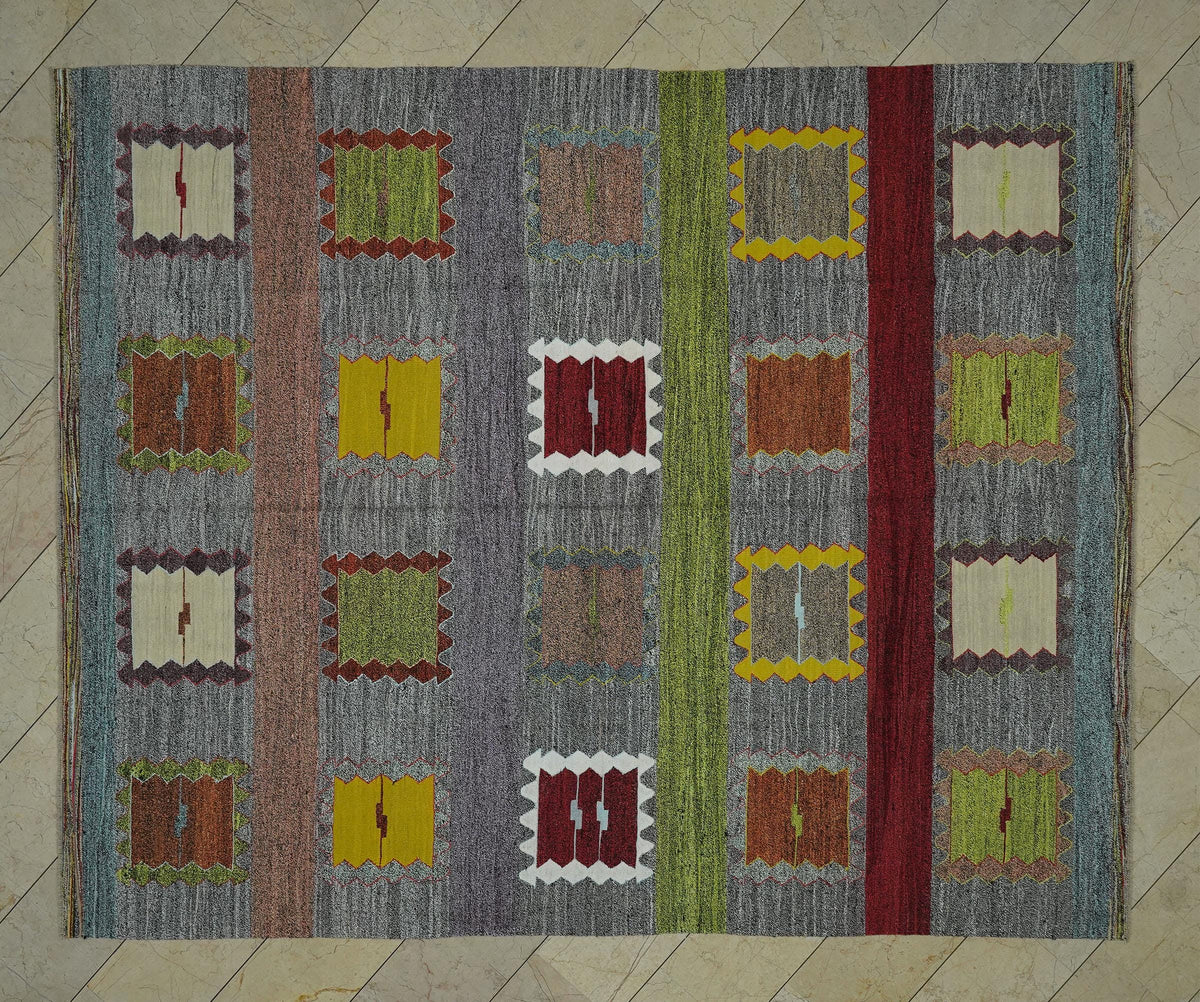 Gray Turkish Kilim Rug: 8x10 Flat Weave Cotton Goat Hair Rugs.