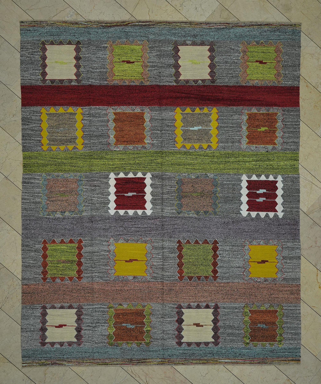 Gray Turkish Kilim Rug: 8x10 Flat Weave Cotton Goat Hair Rugs.