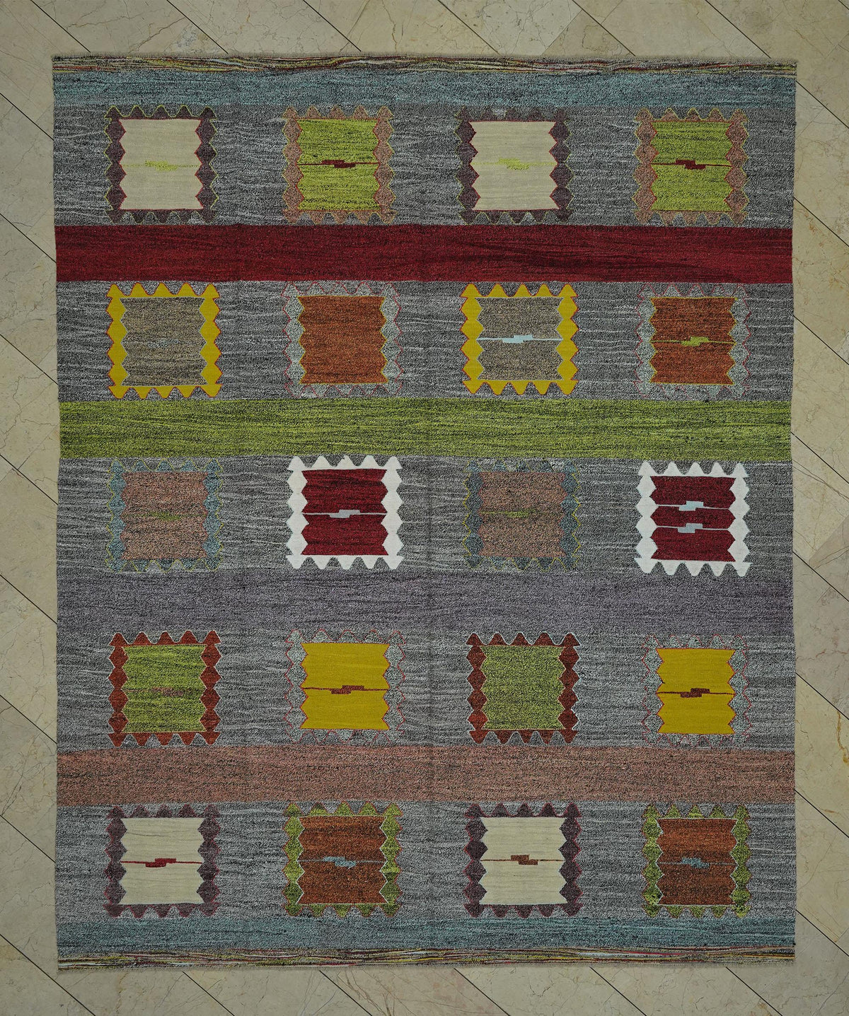 Gray Turkish Kilim Rug: 8x10 Flat Weave Cotton Goat Hair Rugs.