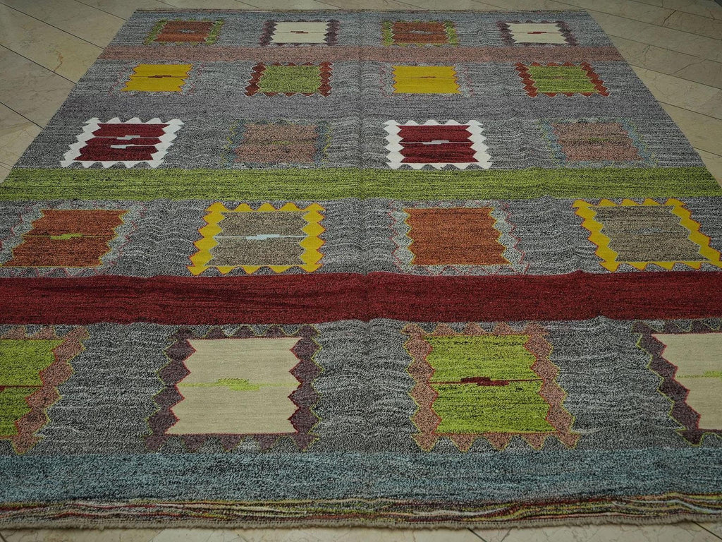 Gray Turkish Kilim Rug: 8x10 Flat Weave Cotton Goat Hair Rugs.