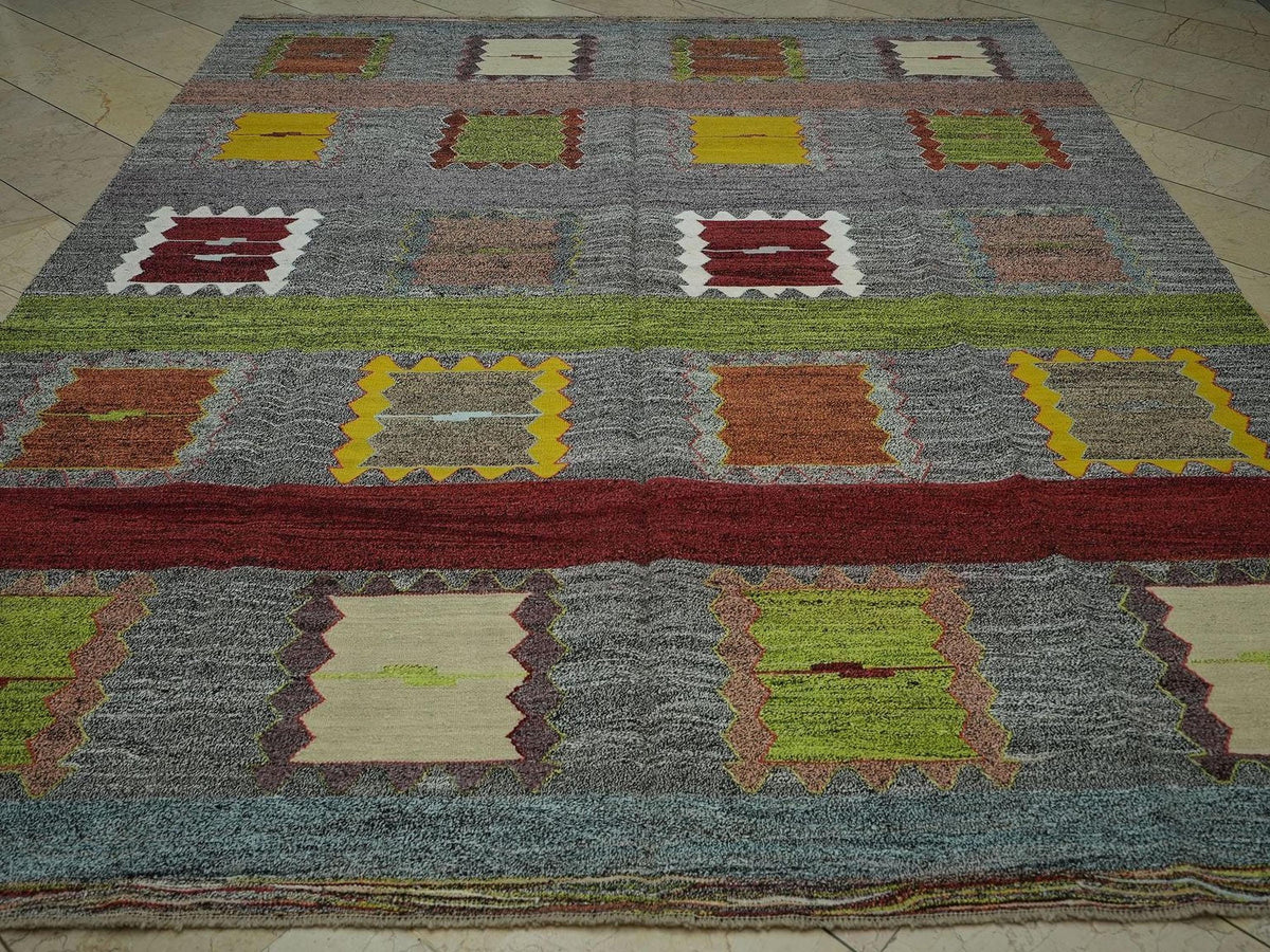 Gray Turkish Kilim Rug: 8x10 Flat Weave Cotton Goat Hair Rugs.