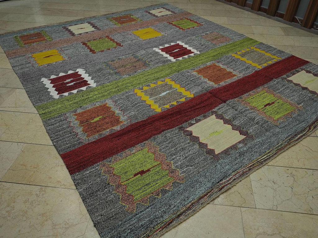 Gray Turkish Kilim Rug: 8x10 Flat Weave Cotton Goat Hair Rugs.