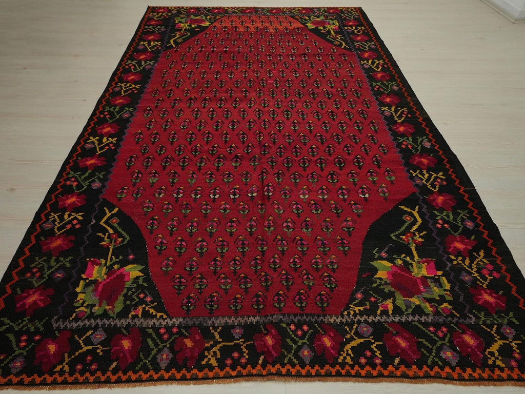 Antique Armenian Kilim Rug: Red & Black Flat Woven Rugs, 5.8x10.8 ft