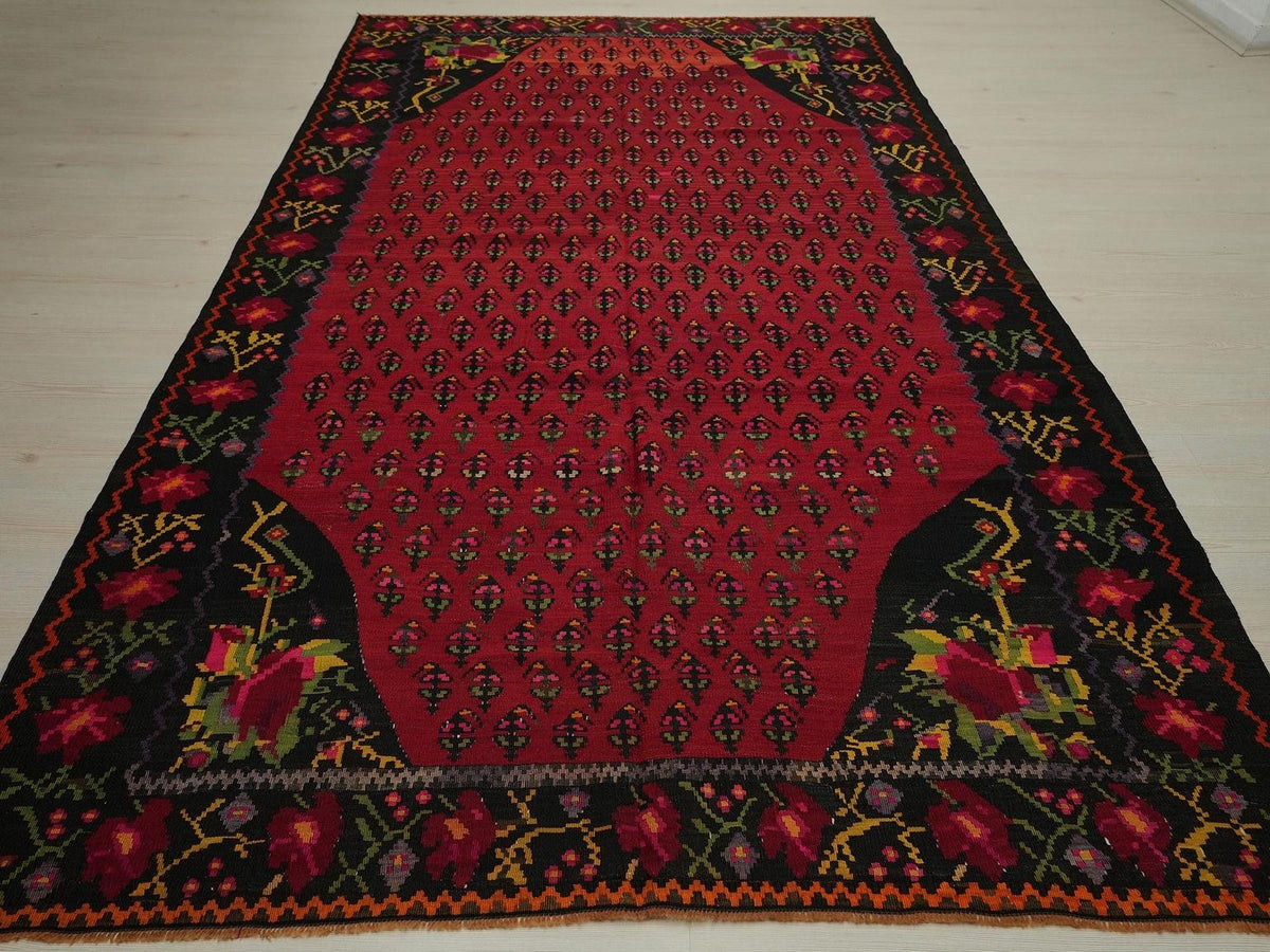 Antique Armenian Kilim Rug: Red & Black Flat Woven Rugs, 5.8x10.8 ft