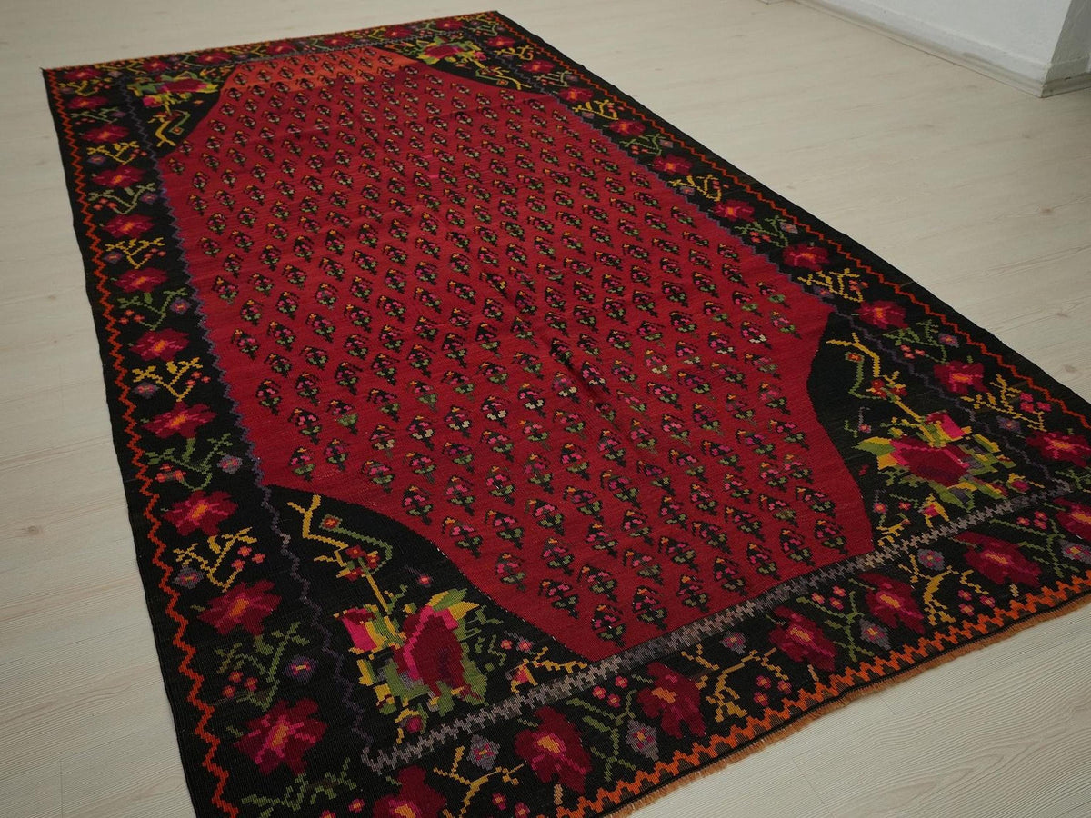 Antique Armenian Kilim Rug: Red & Black Flat Woven Rugs, 5.8x10.8 ft