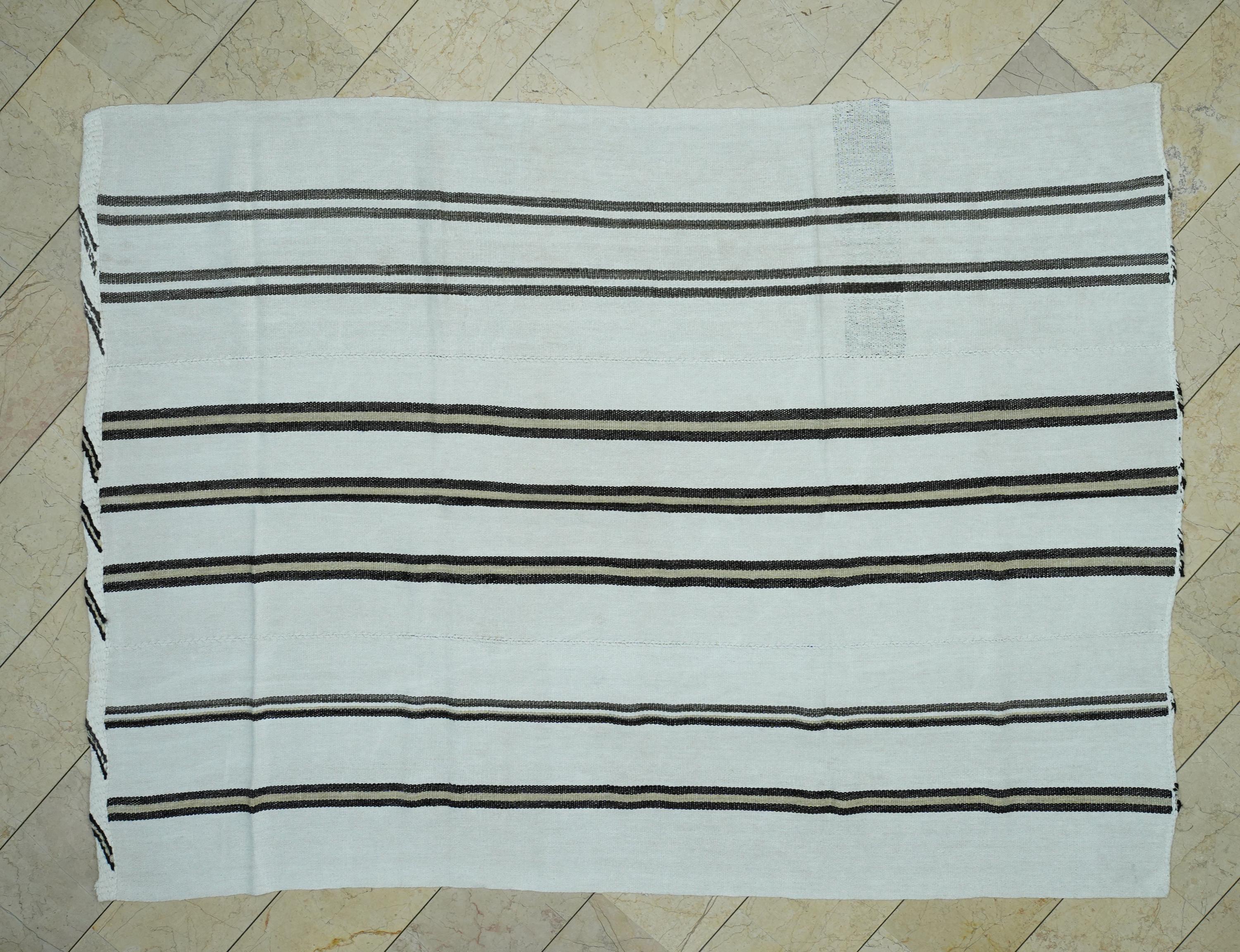 Mid-Century Modern Hemp Kilim Rug: Vertical Brown Stripe, Flat Weave Rugs 6,6"x9,2" Ft.