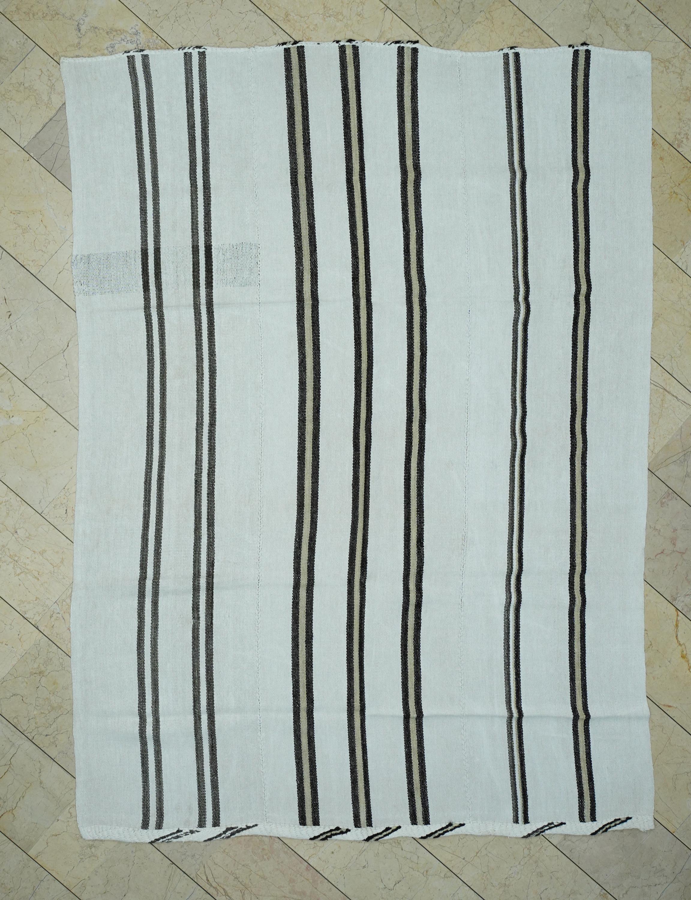Mid-Century Modern Hemp Kilim Rug: Vertical Brown Stripe, Flat Weave Rugs 6,6"x9,2" Ft.