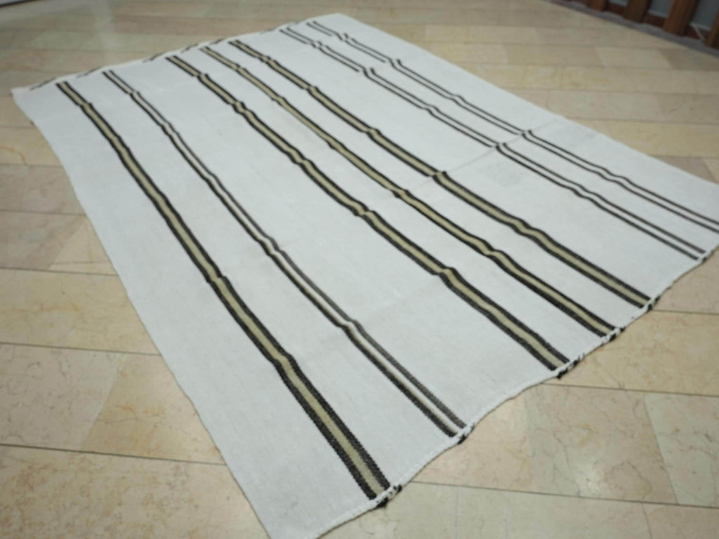 Mid-Century Modern Hemp Kilim Rug: Vertical Brown Stripe, Flat Weave Rugs 6,6"x9,2" Ft.
