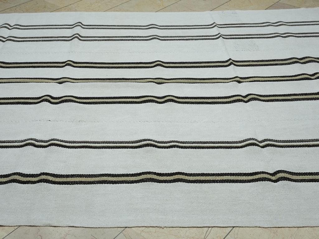 Mid-Century Modern Hemp Kilim Rug: Vertical Brown Stripe, Flat Weave Rugs 6,6"x9,2" Ft.