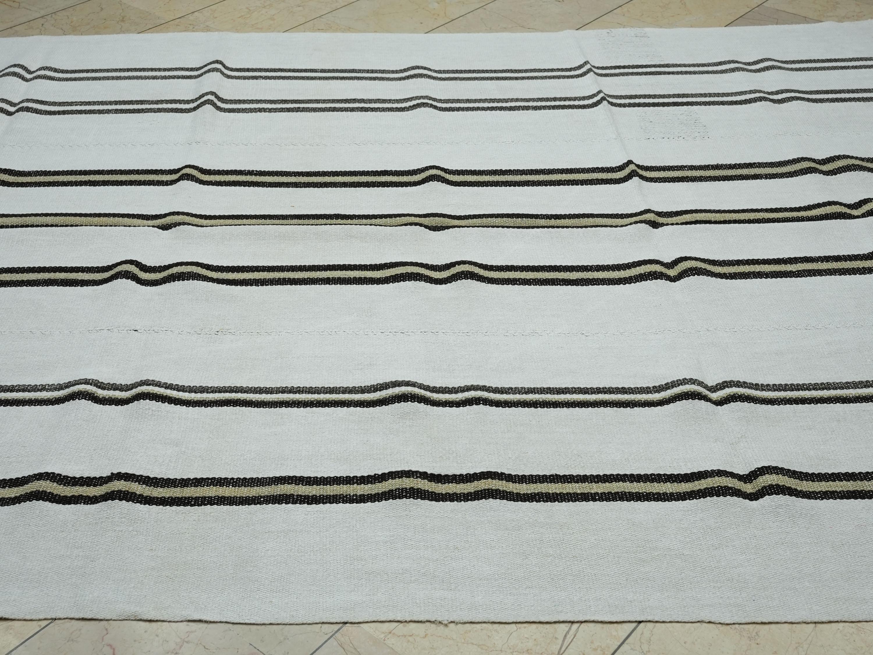 Mid-Century Modern Hemp Kilim Rug: Vertical Brown Stripe, Flat Weave Rugs 6,6"x9,2" Ft.