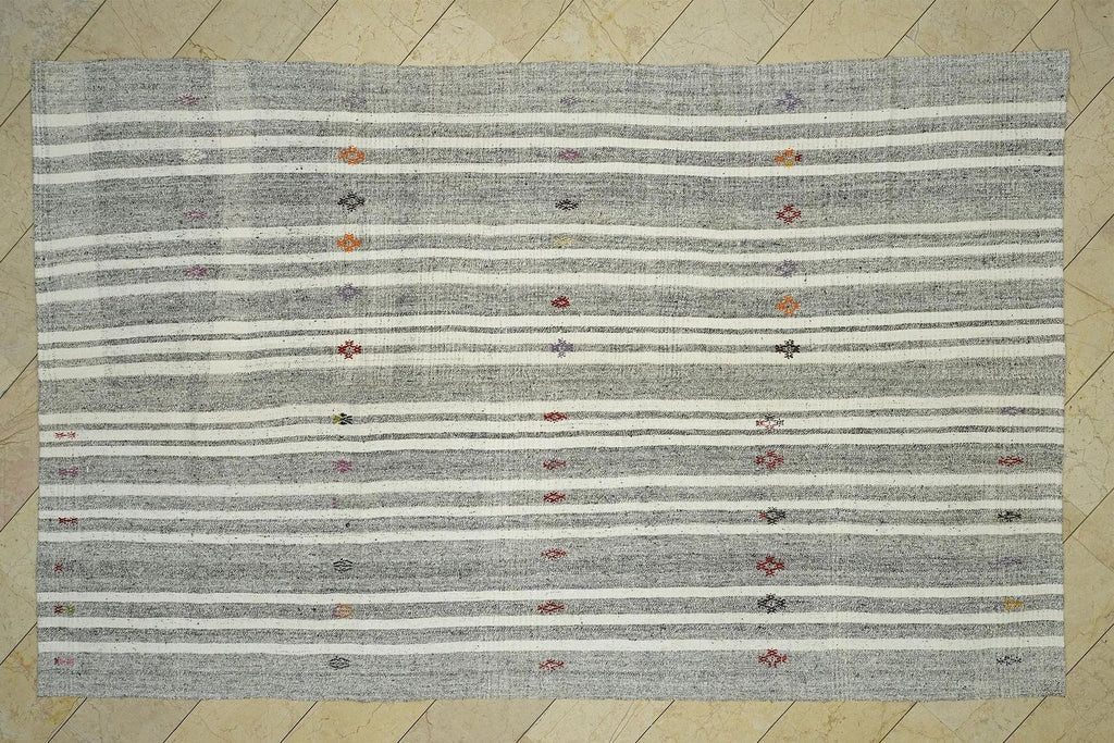 Handmade Turkish Wool & Cotton Rug,Gray Geometric Modern Boho Style-Artisan Home Decor Rugs 8x12