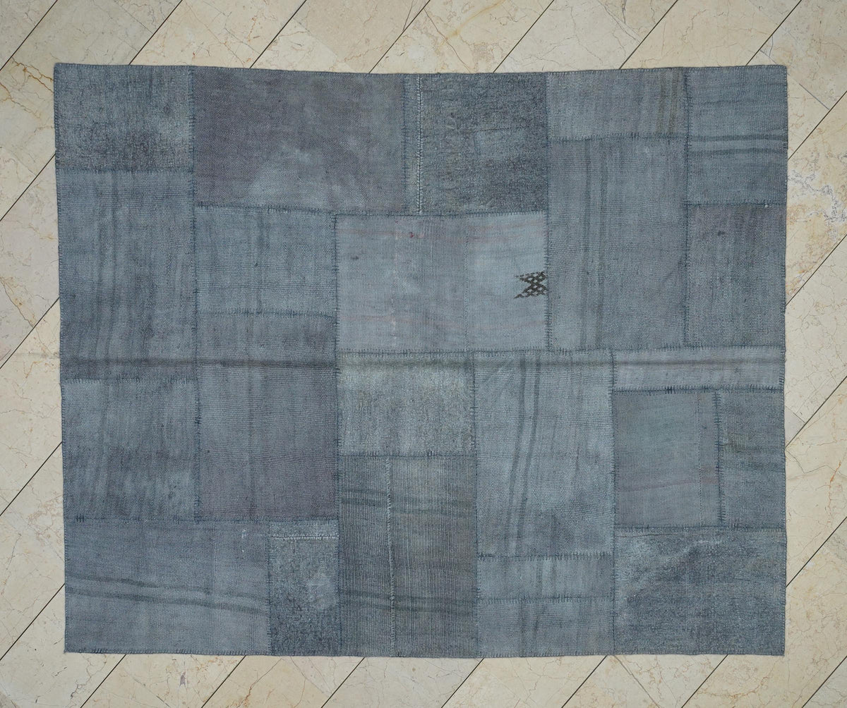 Overdyed Gray Hemp Patchwork Kilim Rug: Mid-Century Modern Turkish Rugs 6.2x7.8 ft.
