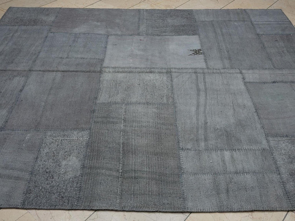 Overdyed Gray Hemp Patchwork Kilim Rug: Mid-Century Modern Turkish Rugs 6.2x7.8 ft.