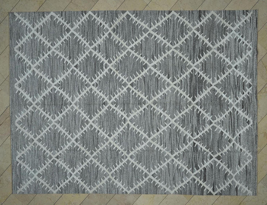 9x12 Gray Geometric Design Kilim Rug: Hemp & Goat Hair, Minimalist Decor Rugs.