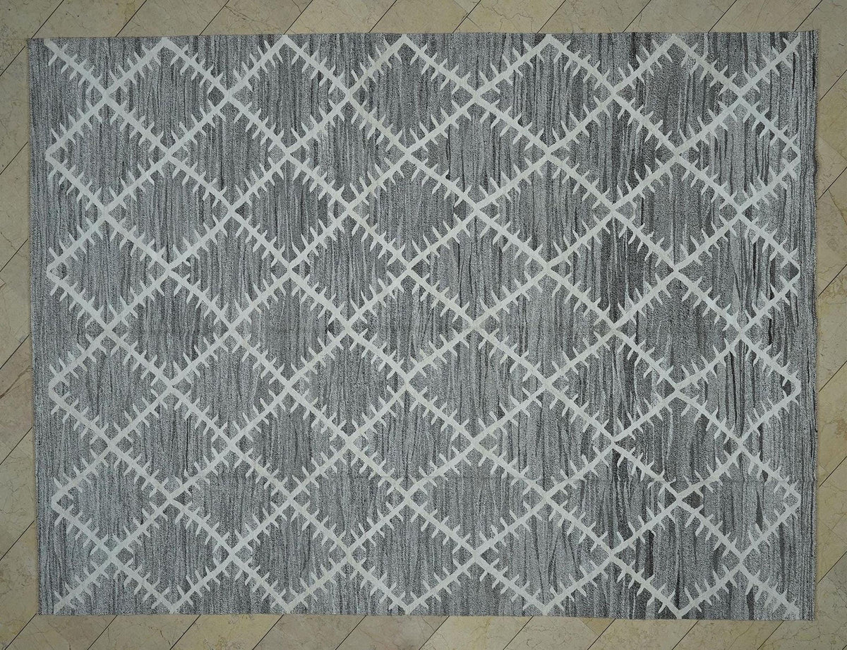 9x12 Gray Geometric Design Kilim Rug: Hemp & Goat Hair, Minimalist Decor Rugs.