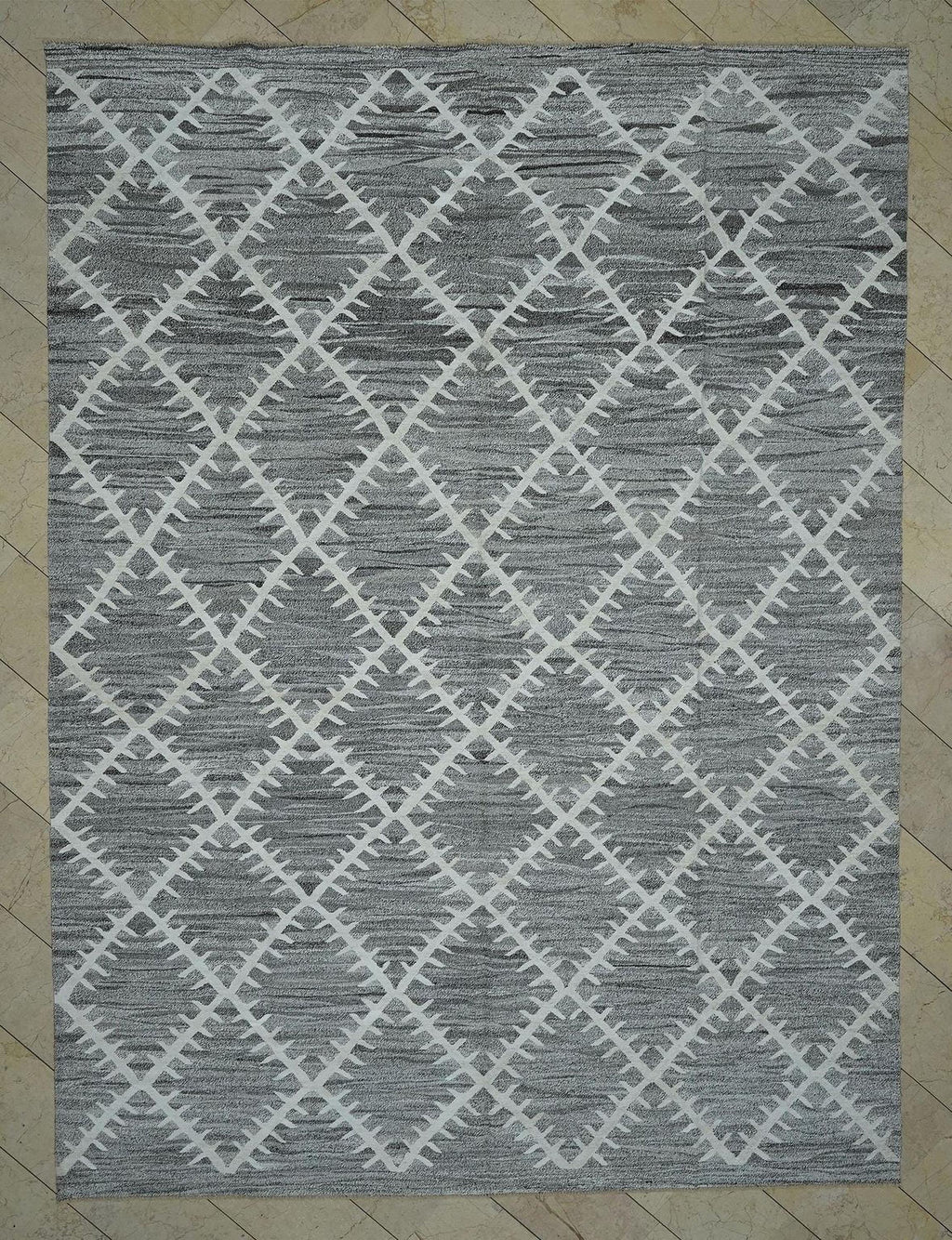 9x12 Gray Geometric Design Kilim Rug: Hemp & Goat Hair, Minimalist Decor Rugs.