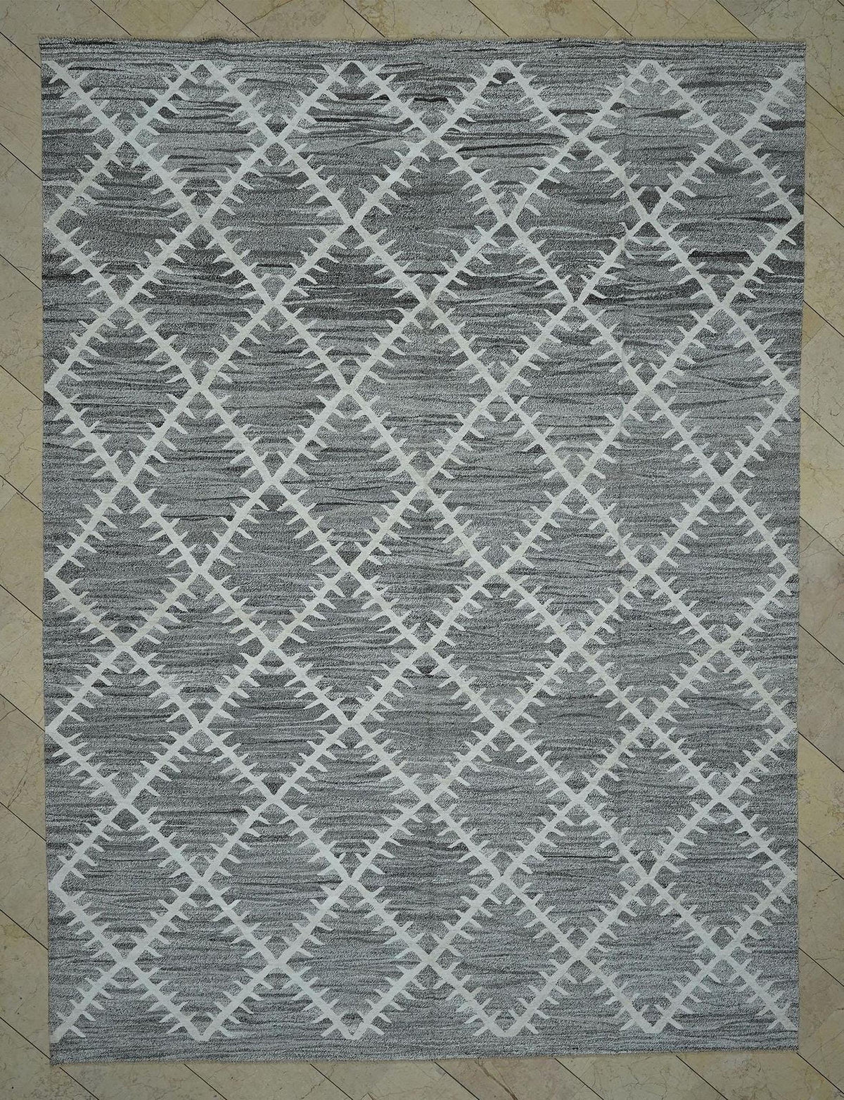 9x12 Gray Geometric Design Kilim Rug: Hemp & Goat Hair, Minimalist Decor Rugs.