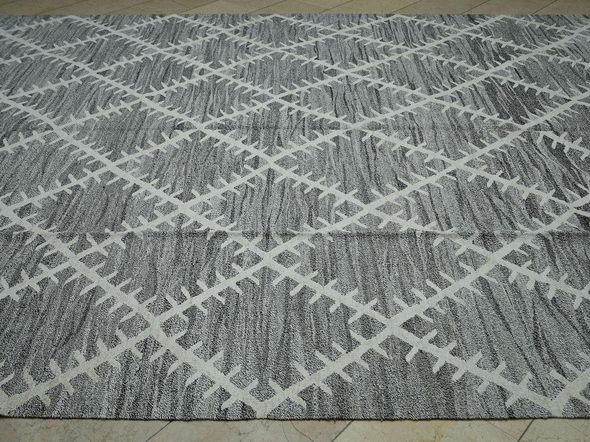 9x12 Gray Geometric Design Kilim Rug: Hemp & Goat Hair, Minimalist Decor Rugs.