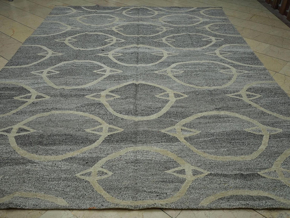 Mid-Century Modern Hemp Kilim Rug: Gray Geometric Flat Woven Rugs 8.2x11.2 ft