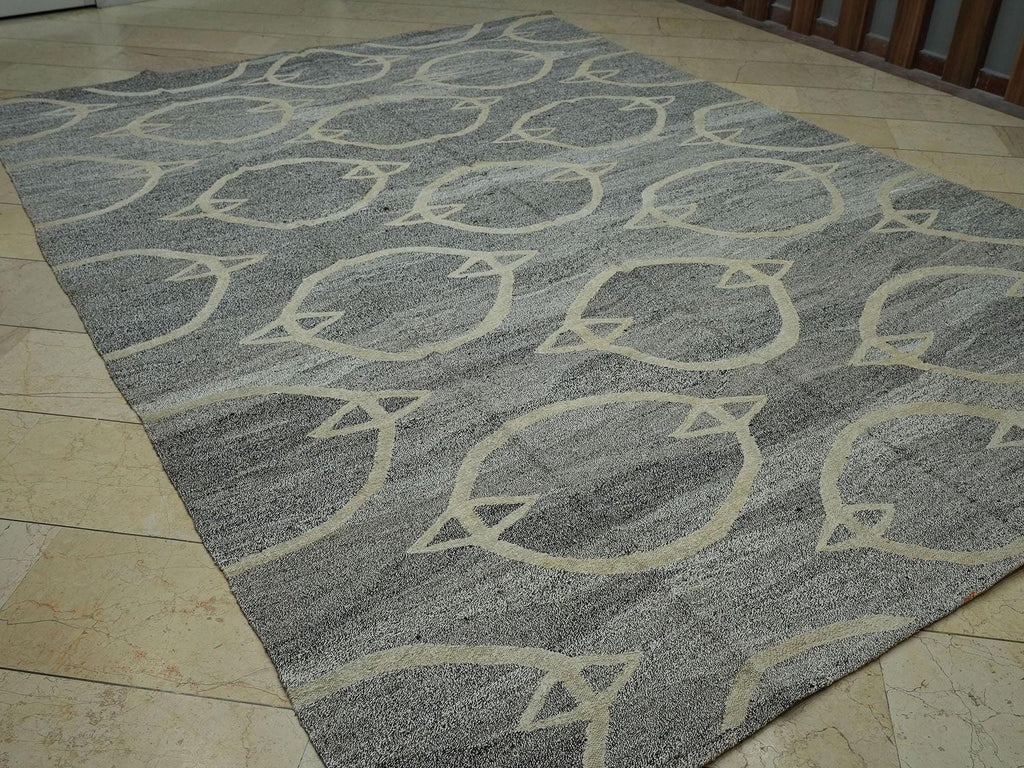 Mid-Century Modern Hemp Kilim Rug: Gray Geometric Flat Woven Rugs 8.2x11.2 ft