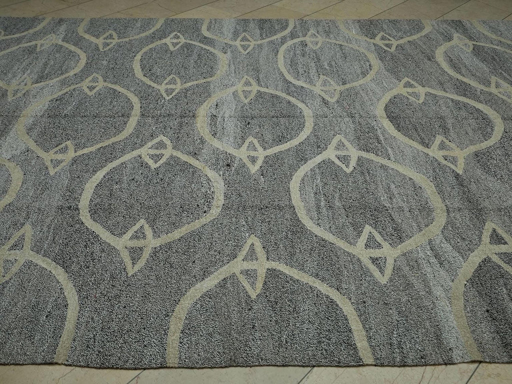 Mid-Century Modern Hemp Kilim Rug: Gray Geometric Flat Woven Rugs 8.2x11.2 ft