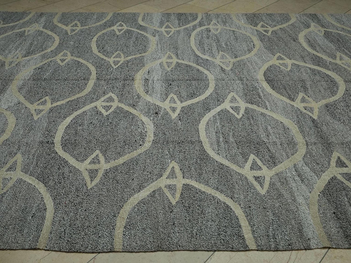 Mid-Century Modern Hemp Kilim Rug: Gray Geometric Flat Woven Rugs 8.2x11.2 ft